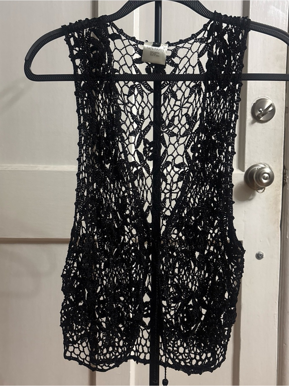 BoHo black hand knitted crochet unbranded tie front vest open knit size large